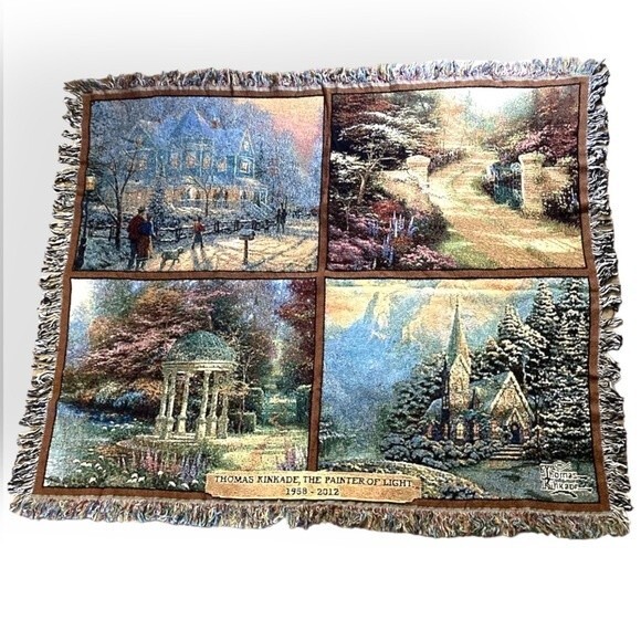 Thomas Kinkade The Painter Of Light Memorial Tapestry Fringe Throw 60” x 50” - Picture 2 of 7